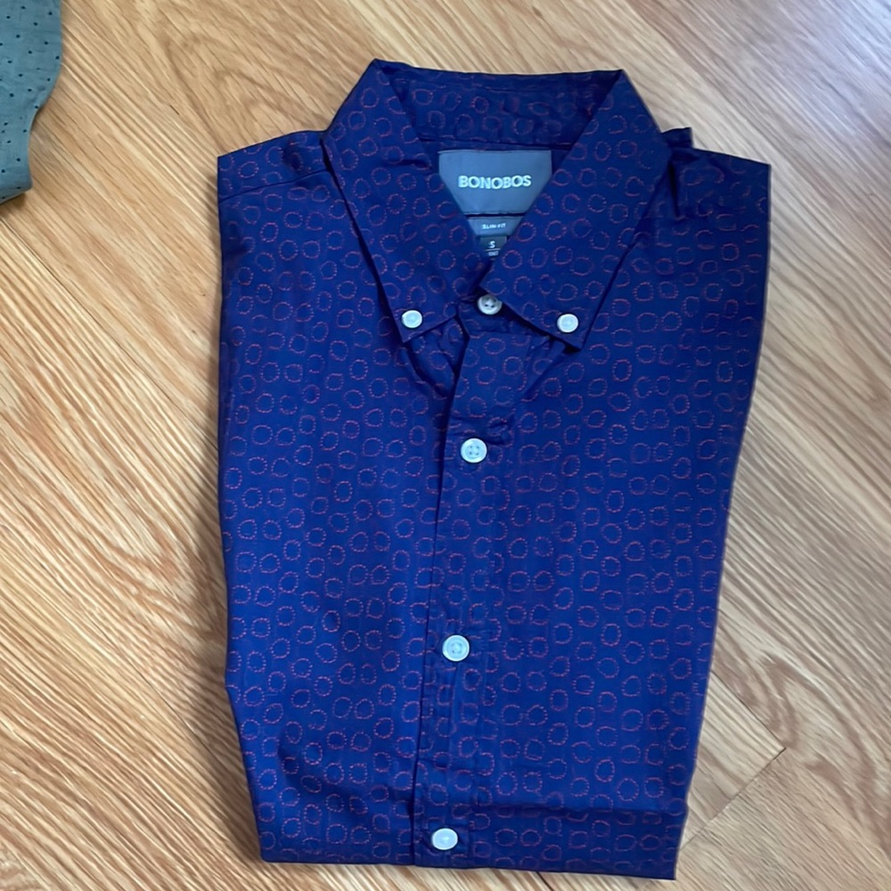 Navy with red design Bonobos shirt. Slim fit. Brand new. Too small.